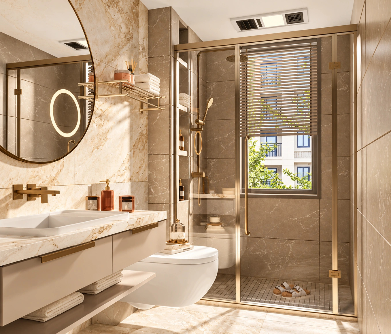 Warm stone bathroom with glass enclosure